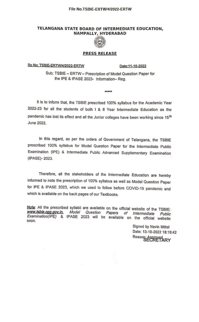 Breaking: TSBIE issues important notification about Inter I & II exams 2022-23 2 Telangana Board Of Intermed Breaking: TSBIE issues important notification about Inter I & II exams 2022-23