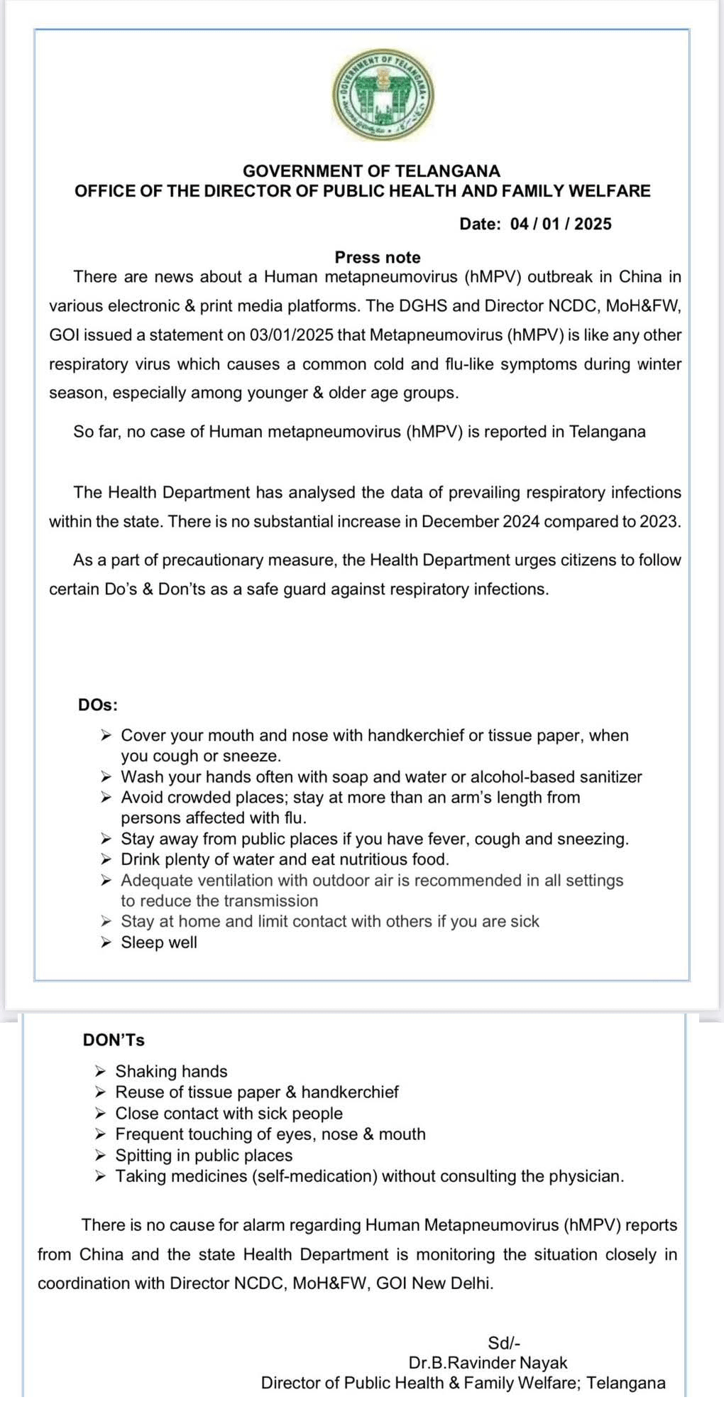 Telangana Issues Health Alert as China Faces HMPV Virus Surge 2 HEALTH 1 1 Telangana Issues Health Alert as China Faces HMPV Virus Surge