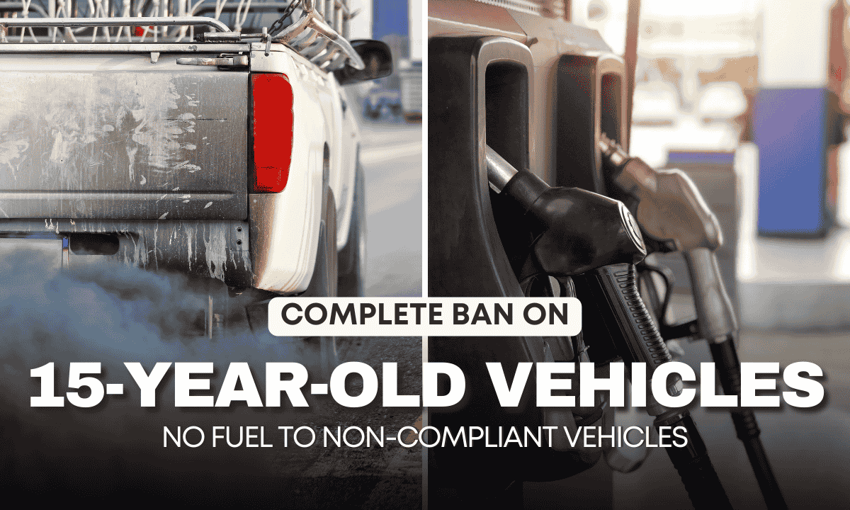 Automatic Number Plate Recognition (ANPR) cameras installed at a fuel station to enforce the 15-year vehicle ban from April 2025.