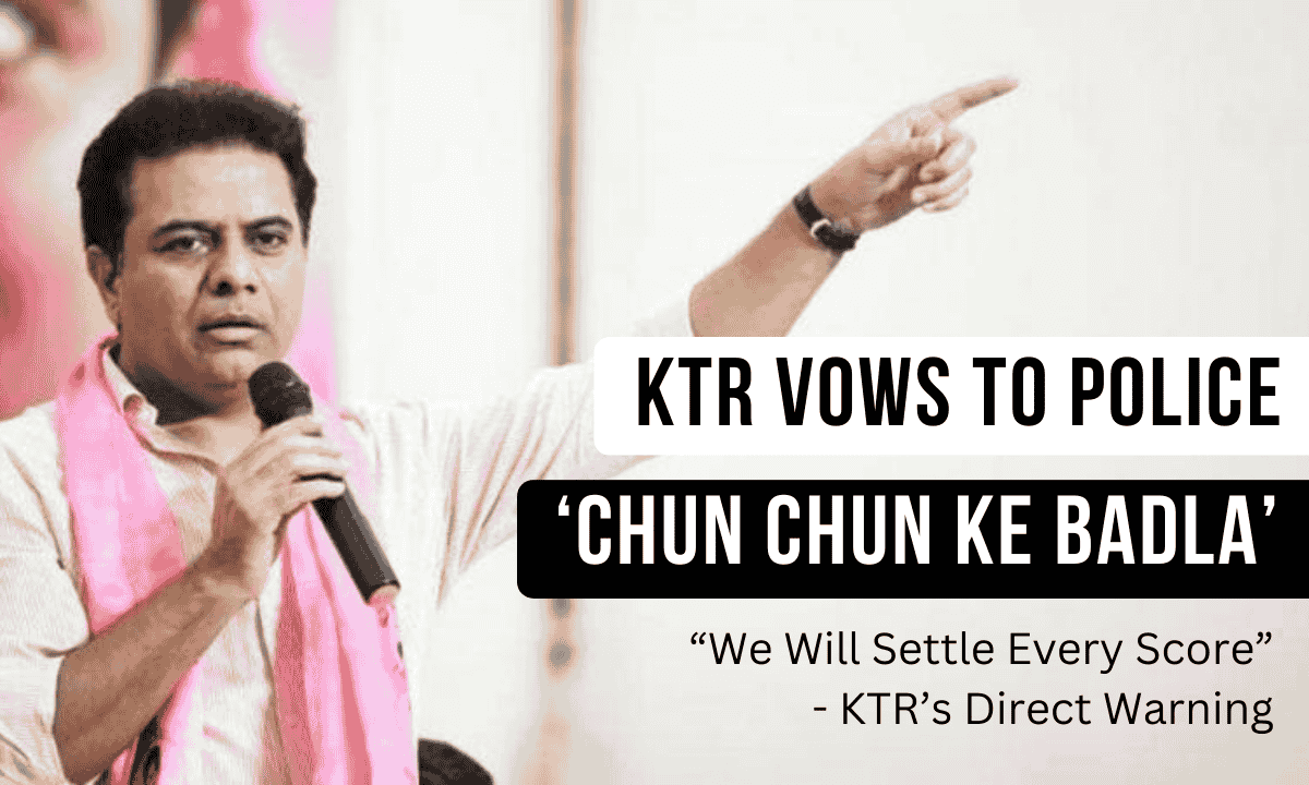 KTR addresses BRS workers in Karimnagar, warning Telangana Police of strict action under the "Chun Chun ke Badla" pledge.