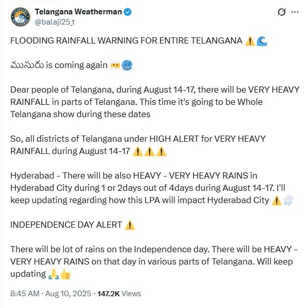 RAIN ALERT Telangana on High Alert: Extremely Heavy Rainfall Expected on August 15th Amid Ongoing Flood Situation