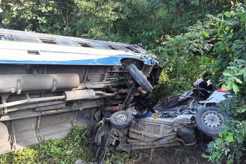 1 killed as bus falls off road after collision with car