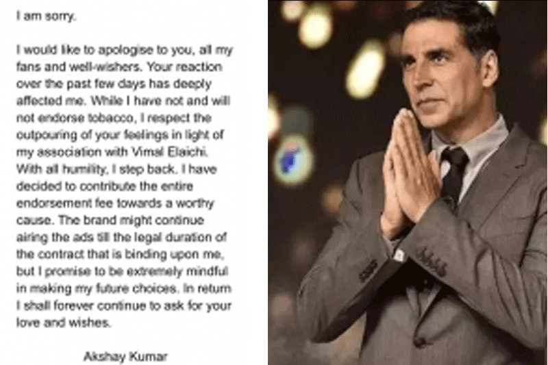 Akshay Kumar issues apology for doing tobacco advert