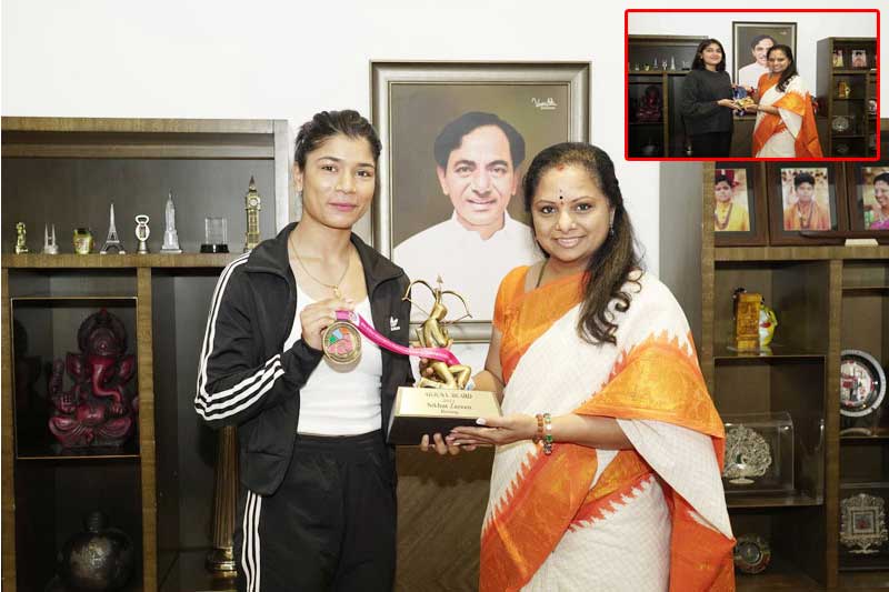 Boxing Champion Nikhat Zareen, Shooter Esha Singh meet Kavitha in Hyderabad