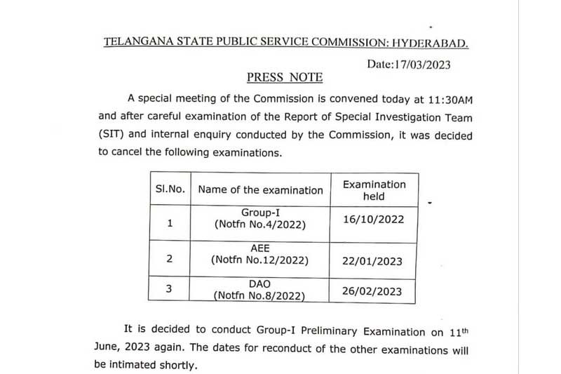 TSPSC exam 1 Question paper leak: TSPSC cancels Group-I Prelims, two other exams