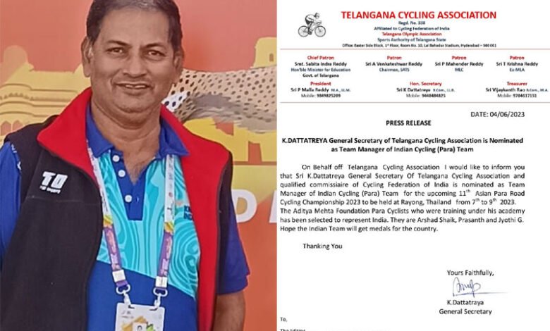 K DATTATREYA nominated Team Manager of Indian Cycling (Para) Team