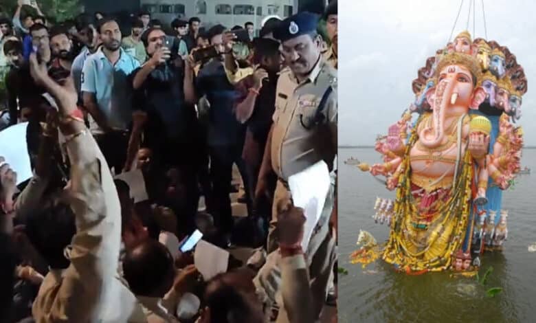 Protest over curbs on immersion of PoP idols in Hyderabad’s Hussain Sagar