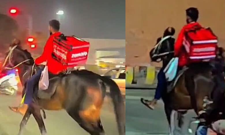 Delivery boy rides horse to deliver order in Hyderabad