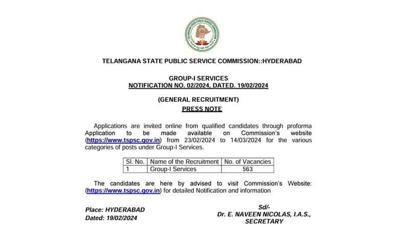 TSPSC issues notification for recruitment to 563 Group I posts