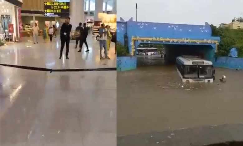 Hyderabad Rain | RTC Bus Stranded in Floodwater; Water Leakage at Shamsabad Airport: Video