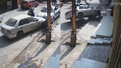 CCTV Footage: Car Loses Control, Crashes into Parked Vehicles