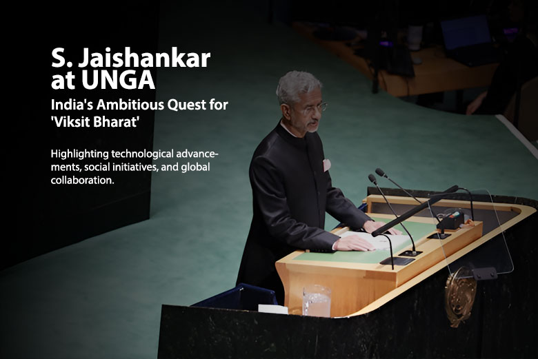 External Affairs Minister S. Jaishankar delivering a speech at the United Nations General Assembly, highlighting India's vision for a developed nation.