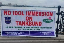 Flex Banners Announce Ban on Ganesh Immersion in Hussain Sagar