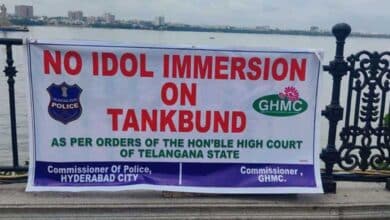 Flex Banners Announce Ban on Ganesh Immersion in Hussain Sagar