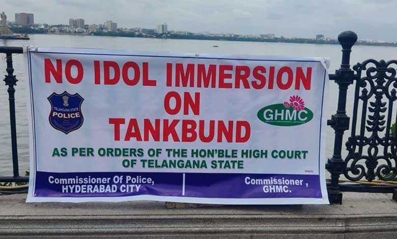 Flex Banners Announce Ban on Ganesh Immersion in Hussain Sagar