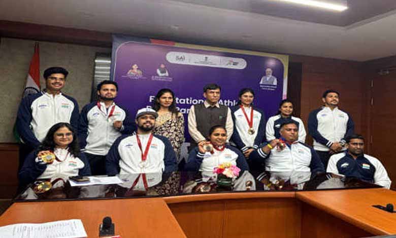 Union Minister Mandaviya felicitates six returning medalists from Paris Paralympics