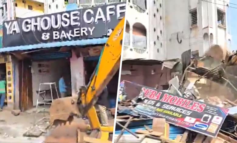 GHMC, Town Planning Officials Demolish Six Shops Near Mallepally X Road for Road Widening