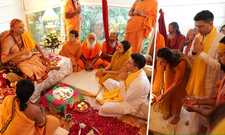 Shankaracharya Swami Avimukteshwaranand visits Raghav-Parineeti's home, blesses them