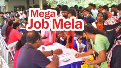 Job seekers attending the Hyderabad job mela at Red Rose Palace, Nampally, for employment opportunities in various sectors.