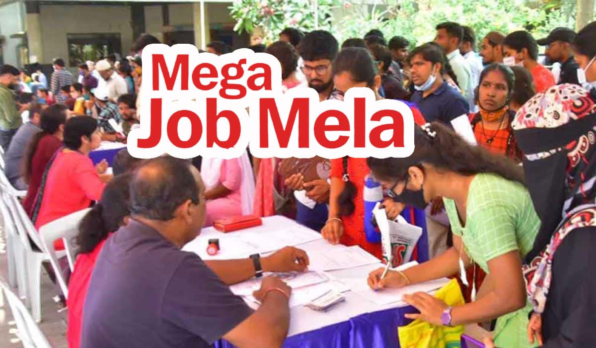 Job seekers attending the Hyderabad job mela at Red Rose Palace, Nampally, for employment opportunities in various sectors.