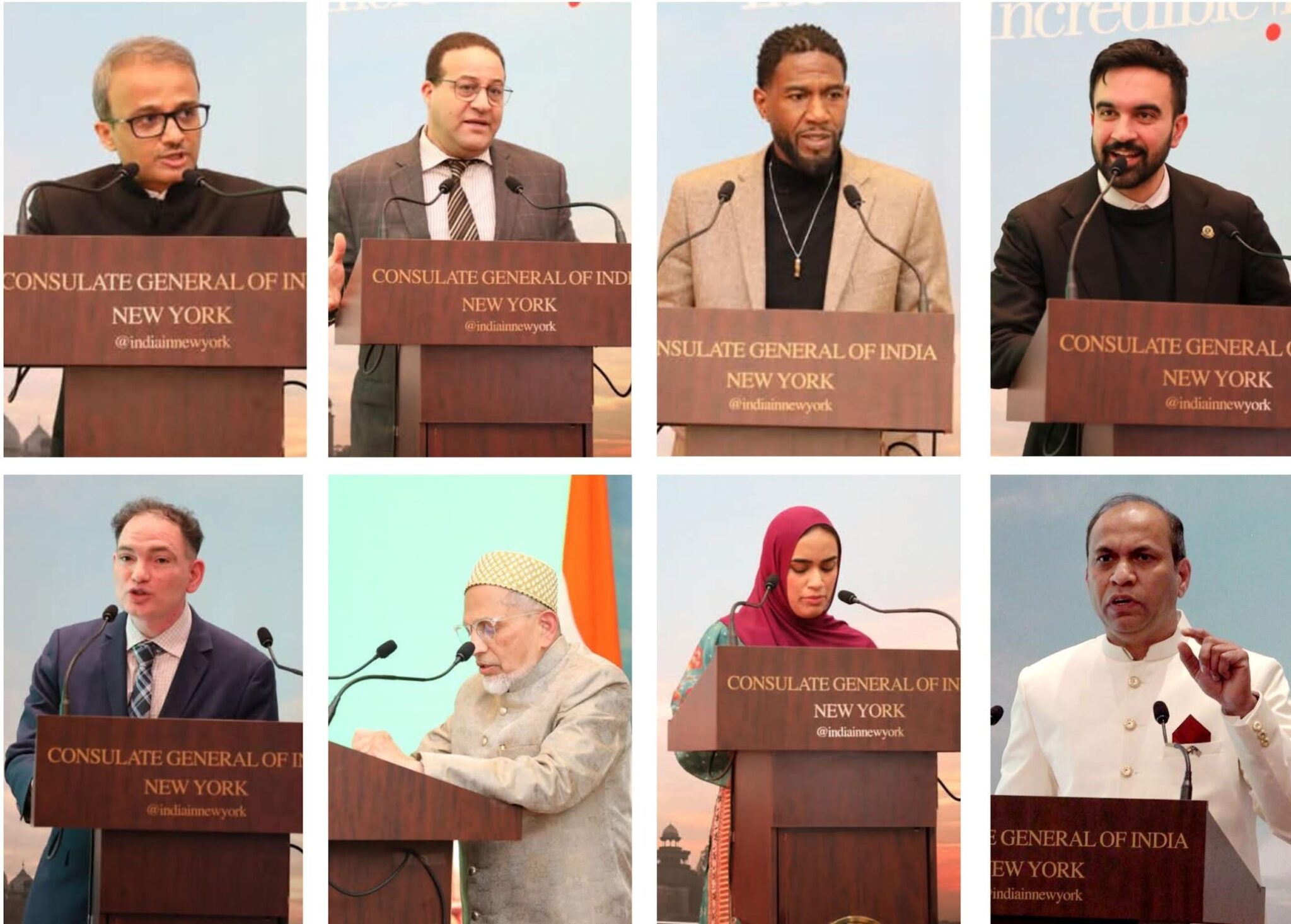 Speakers at the **Eid Celebration at the Indian Consulate** in New York, fostering community harmony. (L-R: Consul General Binaya Pradhan, Consul General Abdelkader Jamoussi, NYC Public Advocate Jumaane Williams, NYS Assembly Member Zohran Mamdani, Deputy Commissioner Dilip Chauhan, IMNA Co-Chair Ahmed Shakir, Nimra Fatima, and IMNA Chairman Ilayas Quraishi). Photo: IMNA