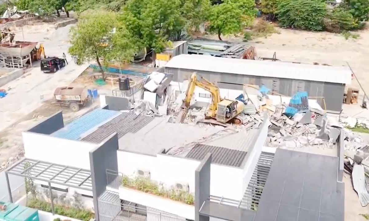 HYDRAA Demolishes Illegal Constructions Linked to Myalavaram MLA in Hafeezepet
