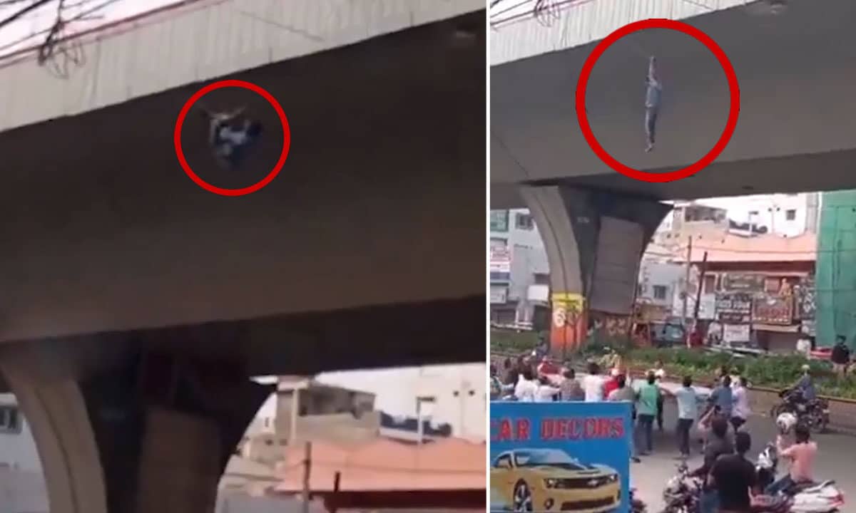Hyderabad Shocker: Man Falls Off Bridge at Attapur, Hangs from Cable, Rescued by Locals: Video