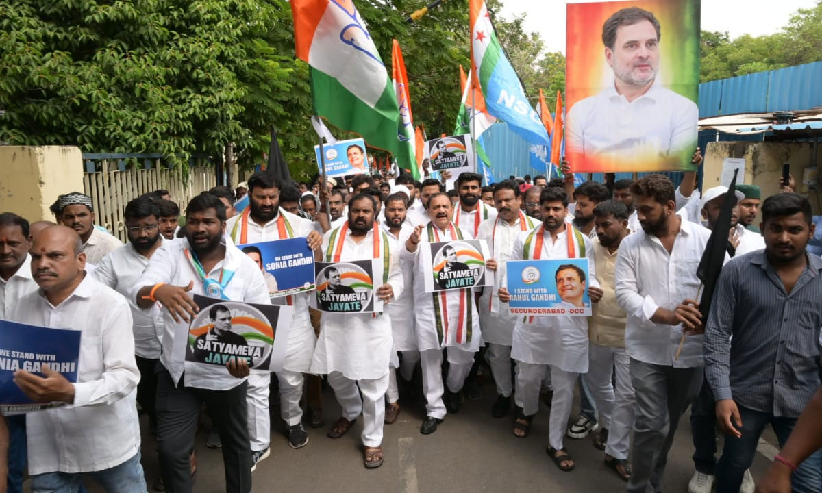 Telangana Congress Protests Over ED Chargesheet Against Sonia, Rahul Gandhi