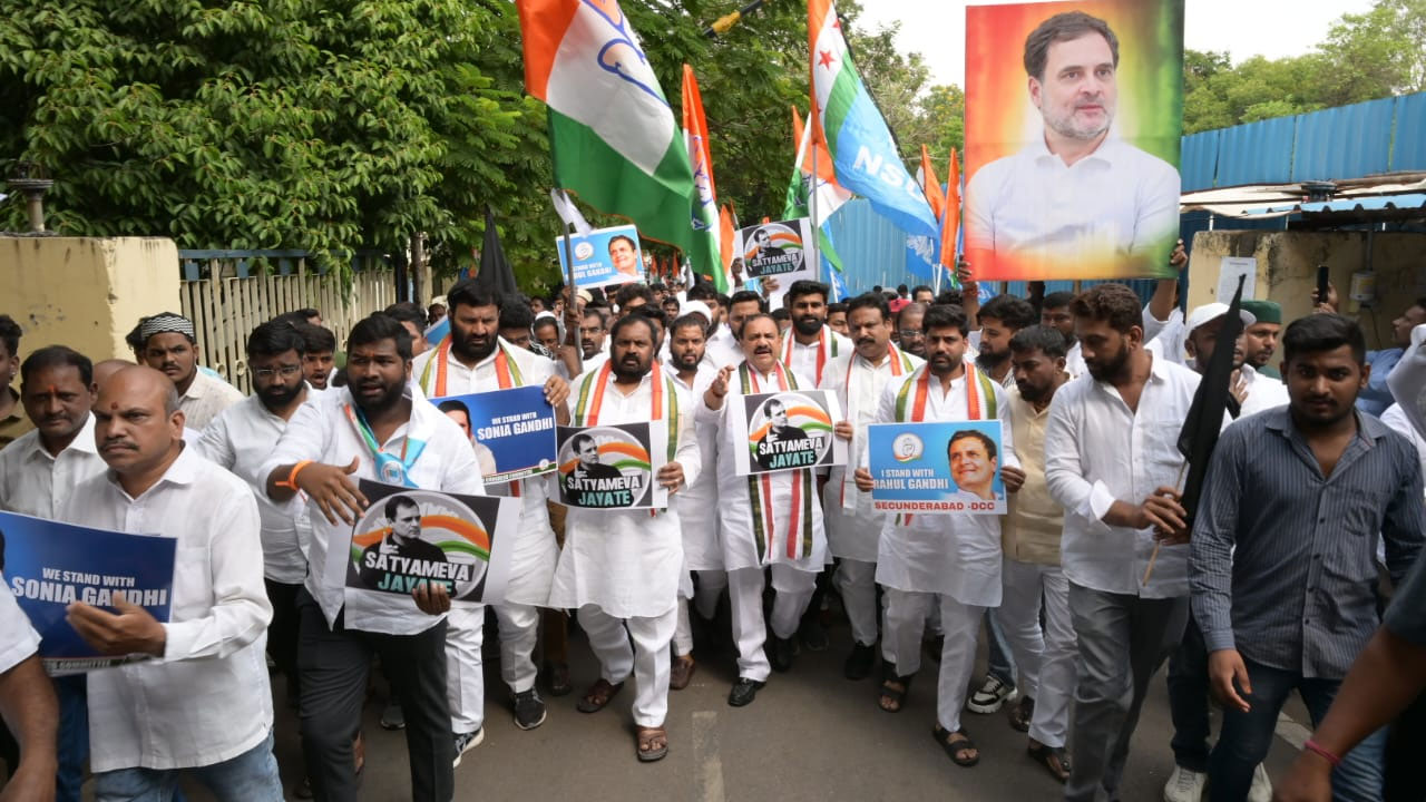 Telangana Congress Protests Over ED Chargesheet Against Sonia, Rahul Gandhi
