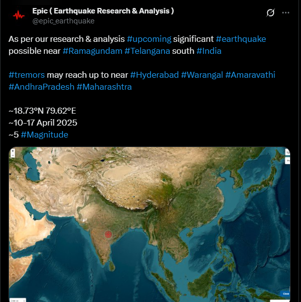 Telangana Earthquake Alert: Map highlighting Ramagundam as potential epicentre and Hyderabad tremor zones.