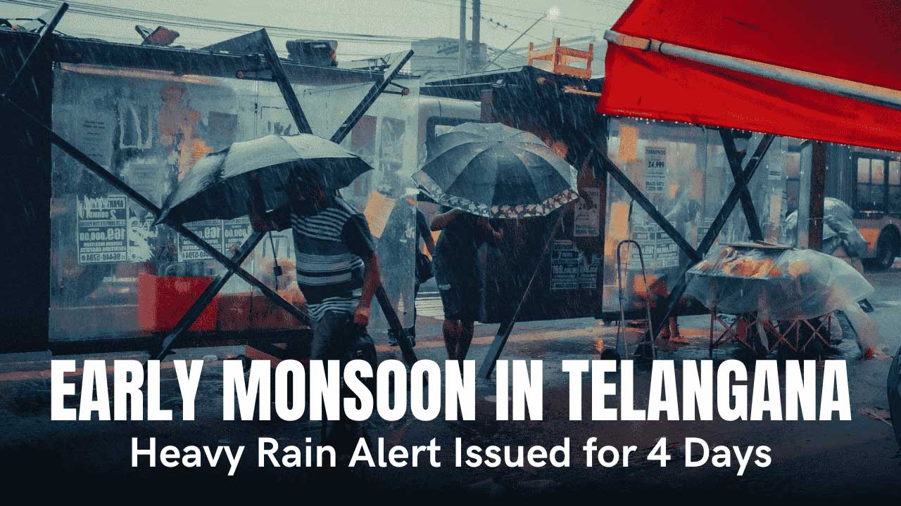 Heavy rains lash Telangana as the Southwest Monsoon arrives two weeks early, triggering flood alerts in 20+ districts. (Representative Image)