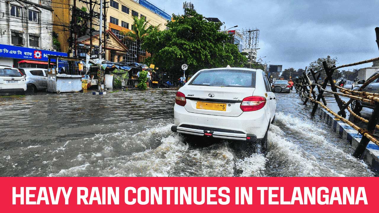 Flooded streets in Karimnagar town after heavy rains swept across Telangana, disrupting daily life.