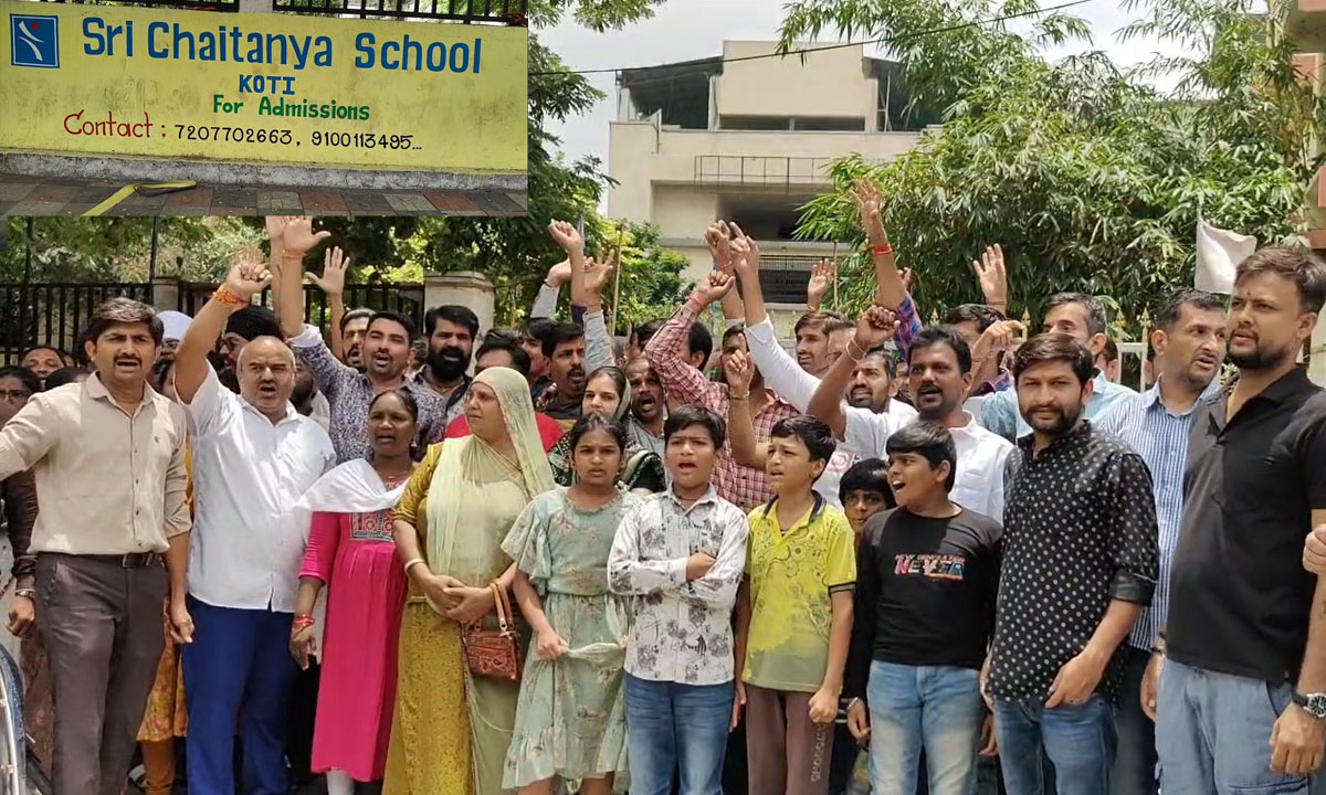 Parents Protest Outside Sri Chaitanya School in Koti Over Sudden Closure
