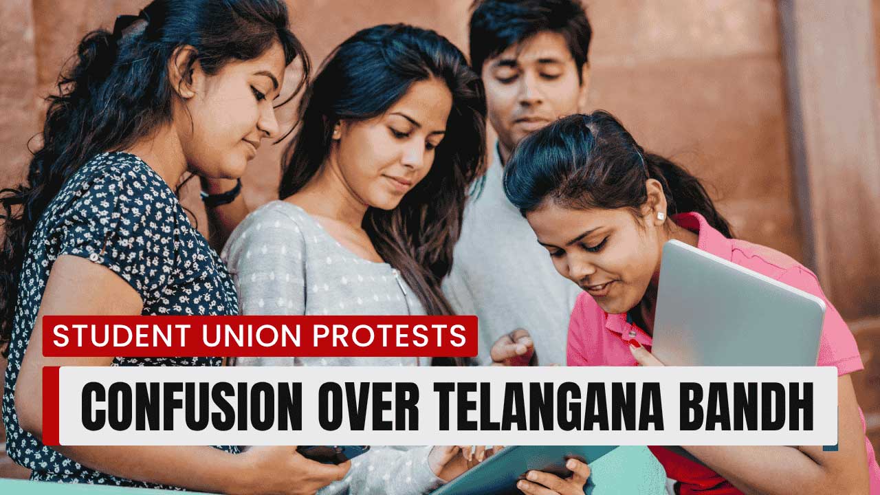 Student union members rally in Hyderabad demanding education reforms amid school closure uncertainty across Telangana.