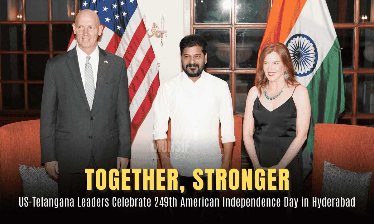 U.S. Consul General Jennifer Larson, Chargé d’Affaires Jorgan Andrews, and Telangana Chief Minister Revanth Reddy at the 249th U.S. Independence Day celebration in Hyderabad under the theme "Together, Stronger."