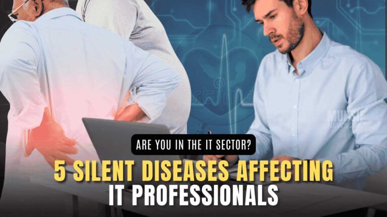 IT professionals working long hours at computer desks, highlighting the sedentary risks and ergonomic challenges of the modern tech industry.