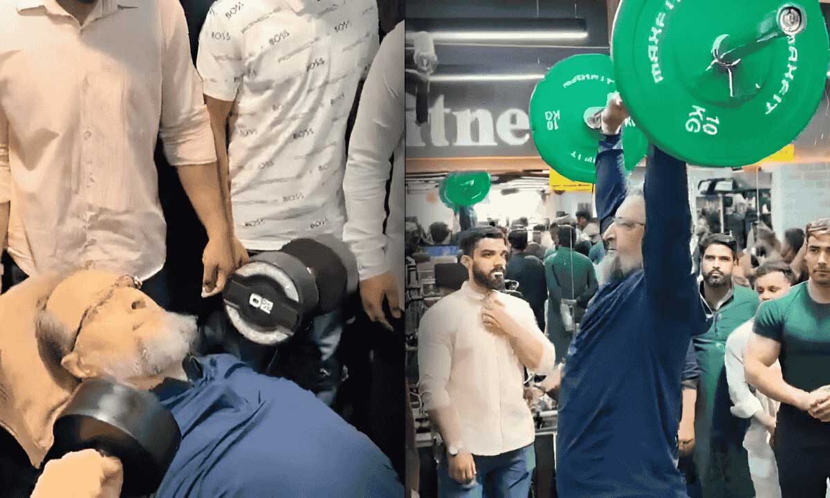 AIMIM Chief and Hyderabad MP Asaduddin Owaisi participates in a workout session after inaugurating a new fitness studio in Hyderabad on Saturday.