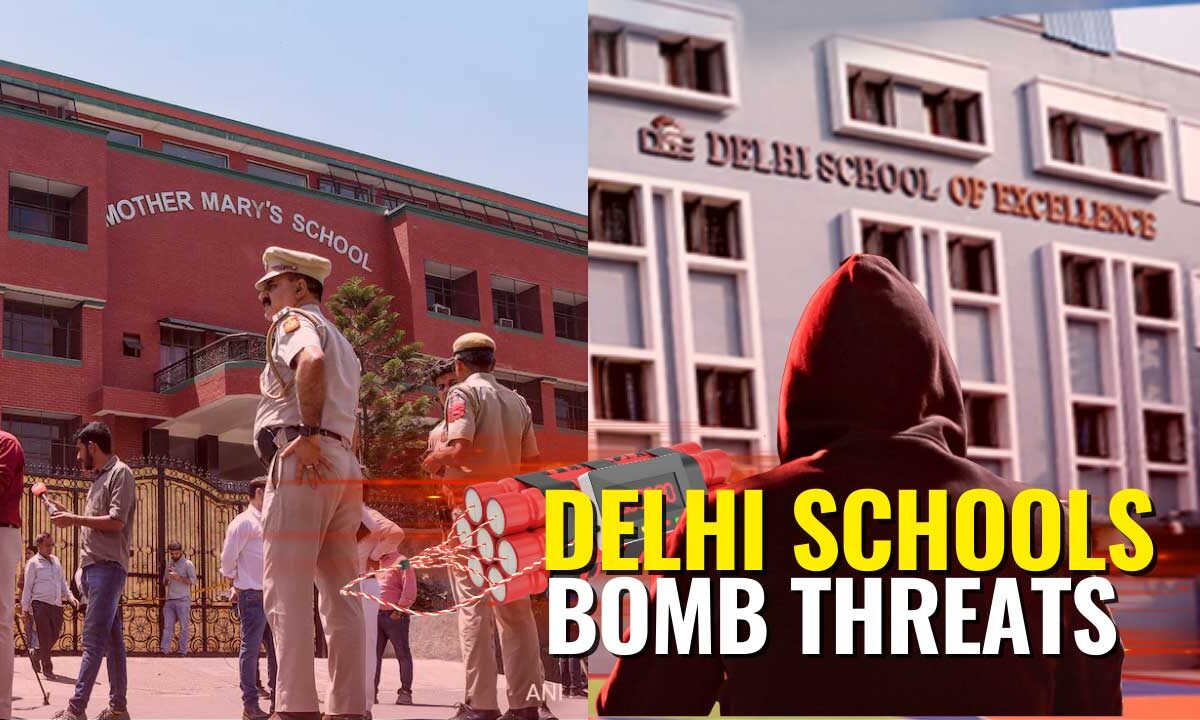 Delhi Police personnel and a bomb disposal squad conduct a search operation outside a school following a bomb threat on Saturday.