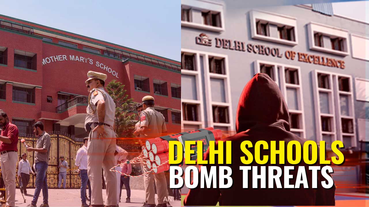 Delhi Police personnel and a bomb disposal squad conduct a search operation outside a school following a bomb threat on Saturday.