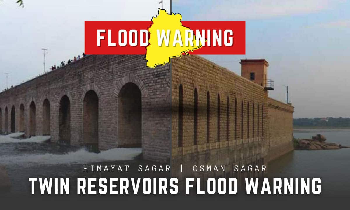 Water is released from the gates of Osman Sagar reservoir on September 12, 2025, following heavy rainfall in the catchment area.