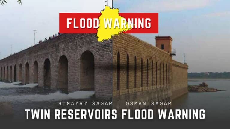 Water is released from the gates of Osman Sagar reservoir on September 12, 2025, following heavy rainfall in the catchment area.