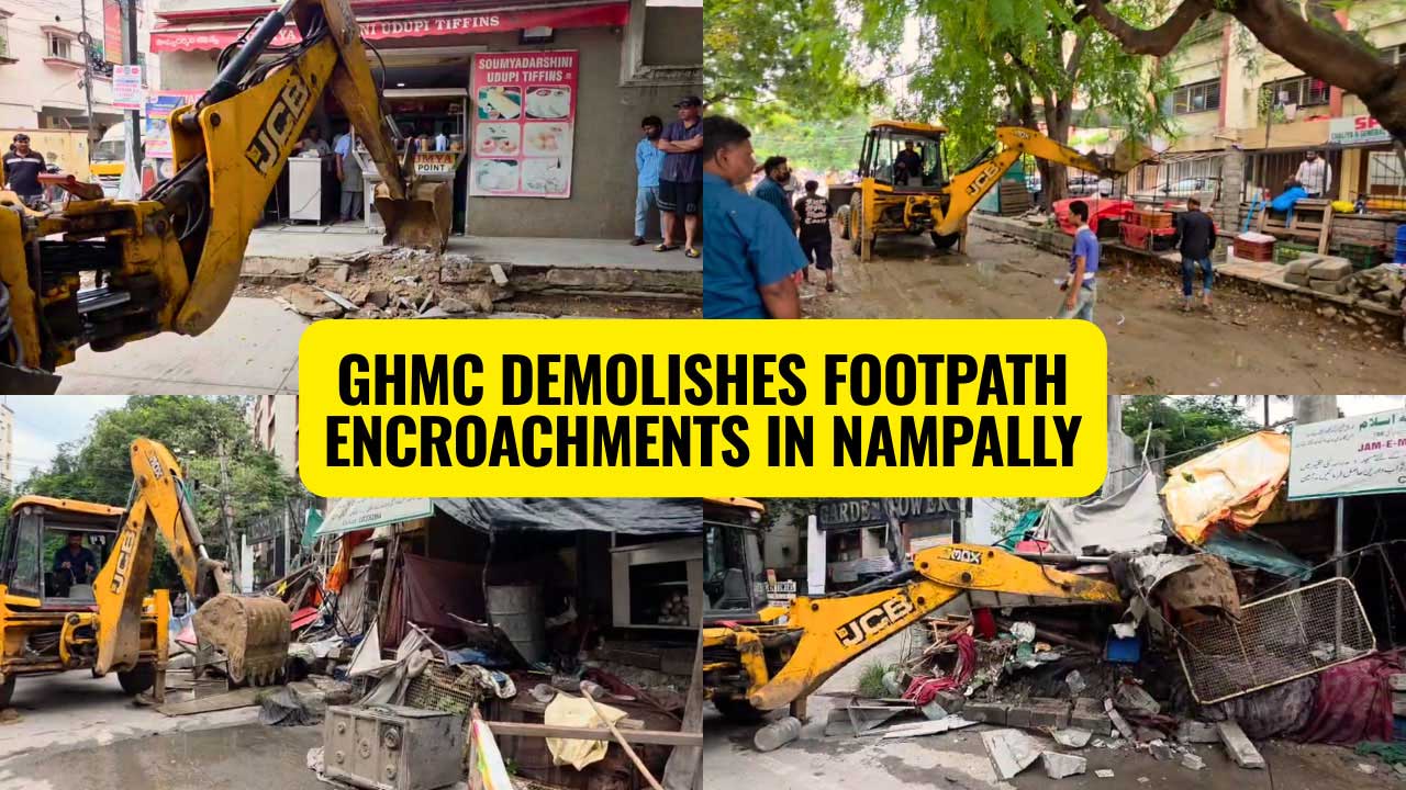 GHMC officials oversee the demolition of illegal encroachments on a footpath in Nampally's Ahmed Nagar division on Monday.