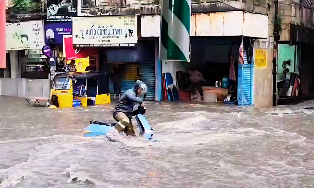 A waterlogged street in Hyderabad following a recent downpour. The IMD has warned of similar conditions across Telangana over the next five days.
