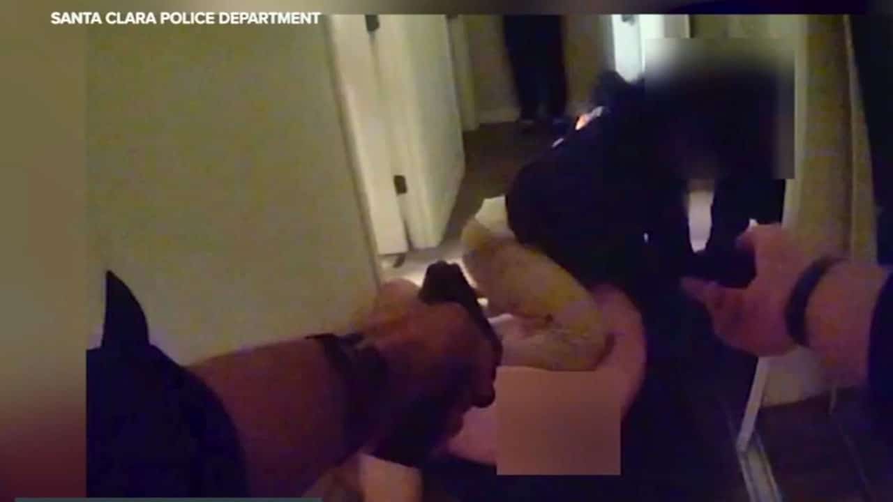 Still image from police bodycam footage released by the Santa Clara Police Department showing the altercation prior to the shooting.