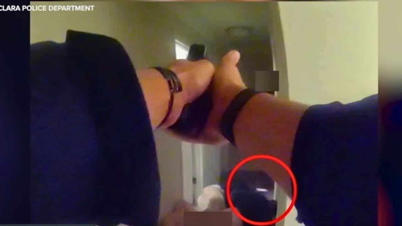 Still image from police bodycam footage released by the Santa Clara Police Department showing the altercation prior to the shooting.