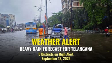 A waterlogged street in Telangana during recent monsoon rains, highlighting the potential impact of the upcoming forecast. (File Photo)