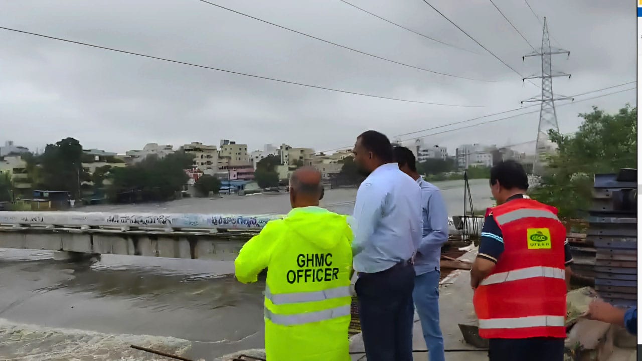 The under-construction Moosarambagh high-level bridge over the swollen Musi River following recent floods.