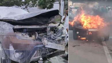 A moving car suddenly caught fire within the Mailardevpally police limits