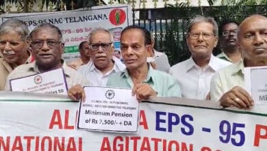 Retired RTC Employees Stage Protest at Barkatpura Pension Office, Demand Release of Pending Pay and DA Arrears