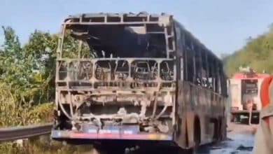 Narrow escape for passengers as RTC bus catches fire in Andhra